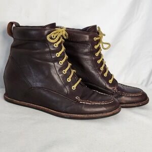 Matiko Womens Dark Brown Leather Hidden Wedge Moc Toe Lace Up Ankle Boots 6.5